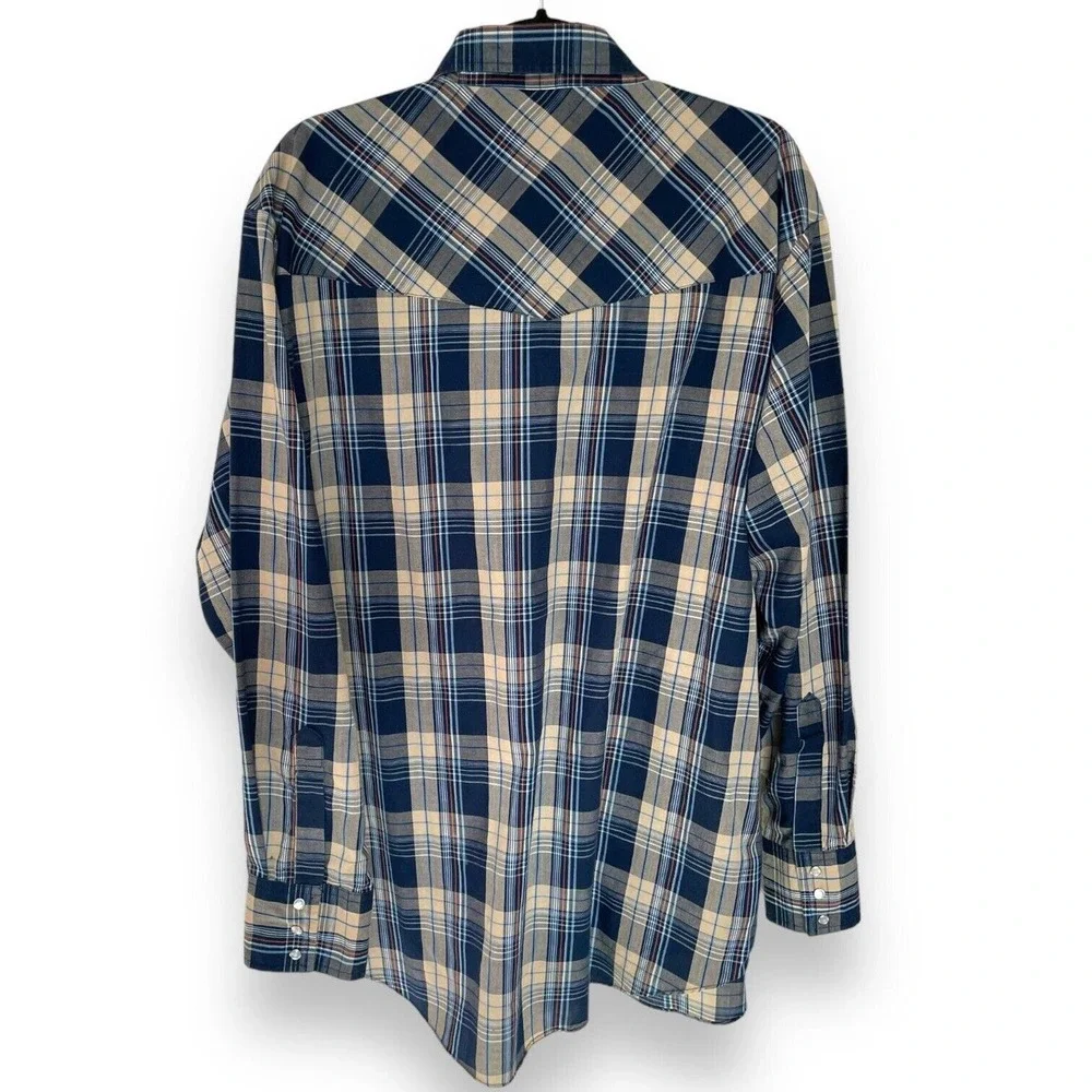Vintage Ely Cattleman Blue Tan Plaid XL Long Sleeve Western Pearl Snap Shirt - Picture 2 of 3
